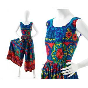 Vintage 1960s 1970s Palazzo Jumpsuit 70s Floral Barkcloth Psychedelic Hawaiian